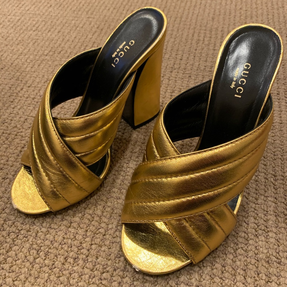 Gucci Metallic Nappa Silk Oro Vecchio Sandals 7.5